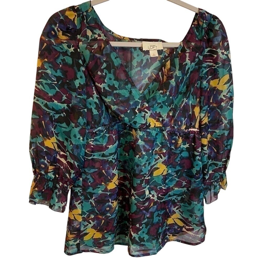 Ann Taylor Loft Abstract Floral‎ Watercolor Empire Waist Blouse Teal Purple S